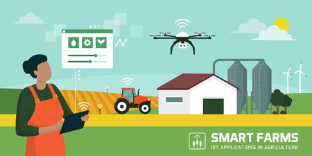 Female farmer managing her industrial farm with a mobile app on her tablet, IOT and smart farming conceptのイラスト素材