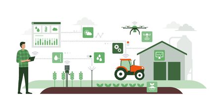 Farmer managing his industrial farm with a mobile app on his tablet, IOT and smart farming conceptのイラスト素材