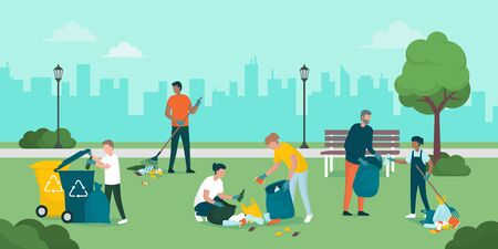 Volunteers cooperating together and cleaning up a city park, they are collecting and separating waste, environmental protection conceptのイラスト素材