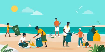 People volunteering together and cleaning up the beach, they are collecting and separating waste, environmental protection conceptのイラスト素材