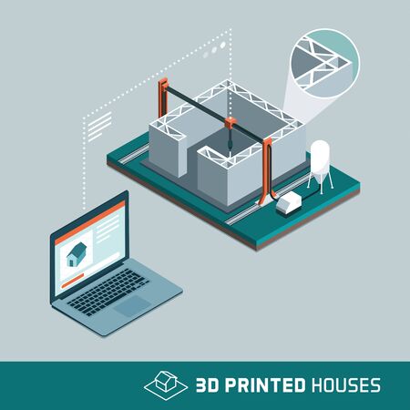 3D printing house technology with 3D printer and connected computer transmitting data and process informationのイラスト素材