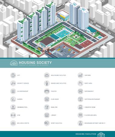 Isometric aerial view of a contemporary efficient cooperative housing society with servicesのイラスト素材