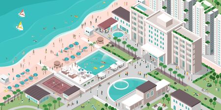 Luxury hotel resort with people, buildings and beachのイラスト素材