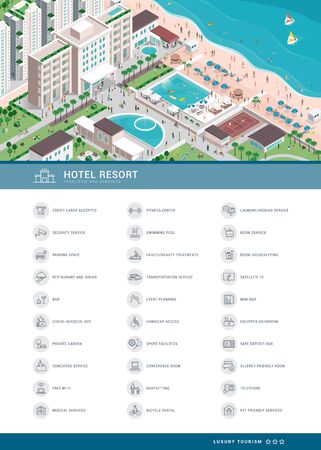Luxury hotel services icons set and isometric aerial view of the village resort with peopleのイラスト素材