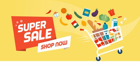Grocery shopping promotional sale banner: fast shopping cart full of fresh colorful foodのイラスト素材