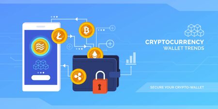 Cryptocurrency wallet manager with set of crypto currencies, wallet and connected smartphoneのイラスト素材
