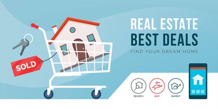Real estate promotional advertisement with shopping cart carrying a houseのイラスト素材