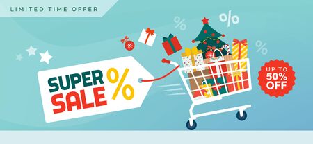 Christmas promotional sale banner: shopping cart filled with decorations, gifts and Christmas treeのイラスト素材