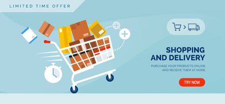 Shopping and delivery promotional sale banner with shopping cart full of delivery boxes and envelopesのイラスト素材