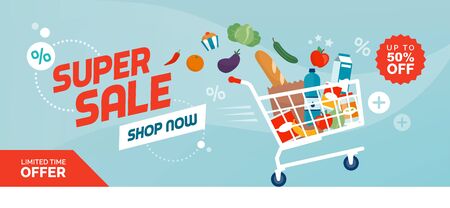 Grocery shopping promotional sale banner: fast shopping cart full of fresh colorful foodのイラスト素材