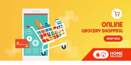 Online grocery shopping promotional sale: shopping cart full of fresh food out coming out from a smartphone and credit card, grocery home delivery and shopping app conceptのイラスト素材