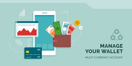 Manage your currency wallet online app: wallet with international currencies, credit card, smartphone app and financial chartのイラスト素材