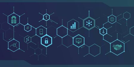 Internet, blockchain and data abstract background with hexagonal icons connectingのイラスト素材