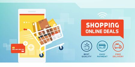 Online shopping and delivery promotional sale banner with shopping cart full of delivery boxes, smartphone and credit cardのイラスト素材