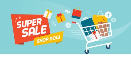 Online shopping promotional sale banner: fast shopping cart full of colorful bags and gifts boxesのイラスト素材