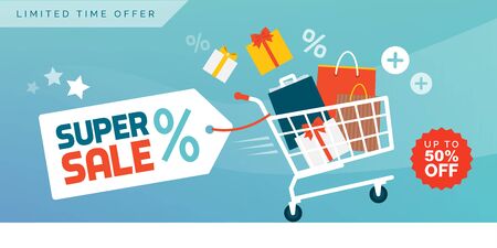 Online shopping promotional sale banner: fast shopping cart full of colorful bags and gifts boxesのイラスト素材