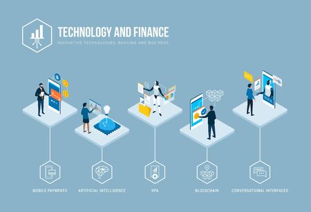 Innovative technologies and finance trends: mobile payments, AI, automation, blockchain and people interacting with digital interfaces, vector infographicのイラスト素材