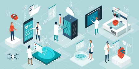 Doctors and researchers using innovative technologies for medicine and healthcare: medical wearables, AI, 3D printed and digital organs, stem cells and DNA bankのイラスト素材