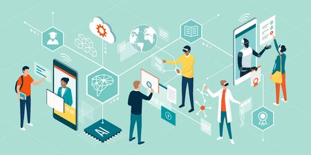 People using innovative technologies for education, attending online courses, interacting with virtual reality and artificial intelligenceのイラスト素材