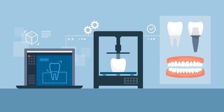 Medical 3D printing process of dental prosthesis and implants: 3D modeling with software, printing and final productsのイラスト素材