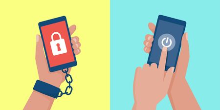Internet addiction, nomophobia and digital detox: user hand chained to a smartphone and user turning off the phoneのイラスト素材