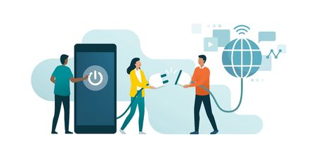 Happy people disconnecting and doing a digital detox, they are unplugging the phone and being offlineのイラスト素材