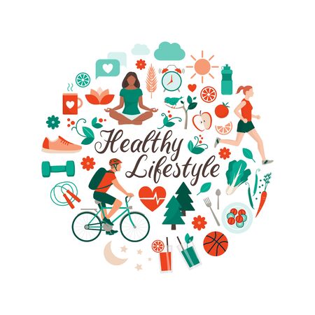 Healthy lifestyle and self-care concept with food, sports and nature icons arranged in a circular shapeのイラスト素材