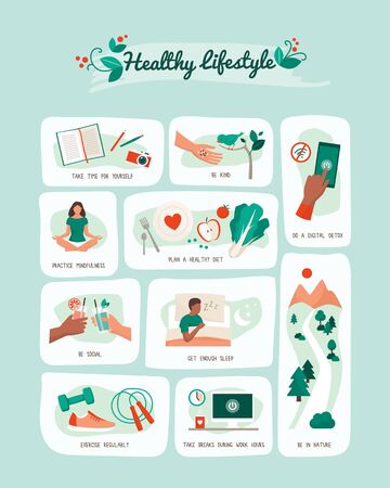Healthy lifestyle and self care vector infographic with tips for a balanced healthy livingのイラスト素材