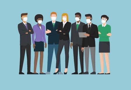Business people wearing surgical masks and standing together, healthcare and prevention conceptのイラスト素材