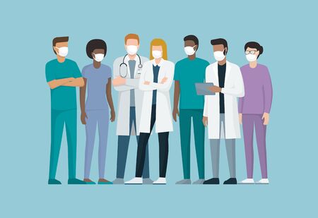 Doctors and medical staff wearing surgical masks, they are standing together, coronavirus prevention conceptのイラスト素材