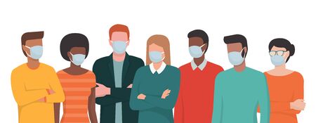 Group of people wearing surgical masks and standing together, prevention and safety procedures conceptのイラスト素材