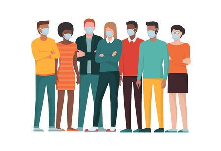 Group of people wearing surgical masks and standing together, coronavirus covid-20119 prevention and safety procedures conceptのイラスト素材