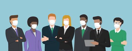 Business people wearing surgical masks and standing together, healthcare and prevention concept