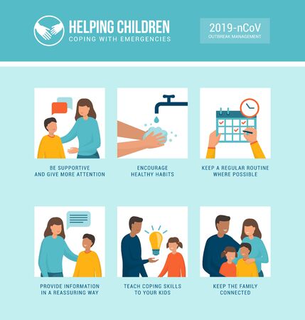 Helping kids and families coping with stress during emergencies, covid-19 outbreak management infographicのイラスト素材