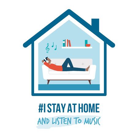 I stay at home awareness social media campaign and coronavirus prevention: man lying on the sofa and listening to musicのイラスト素材
