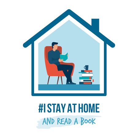I stay at home awareness social media campaign and coronavirus prevention: man relaxing and reading booksのイラスト素材