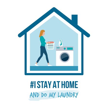I stay at home awareness social media campaign and coronavirus prevention: woman doing her laundryのイラスト素材