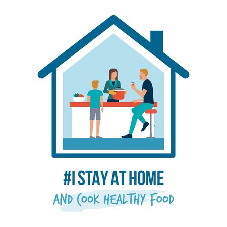 I stay at home awareness social media campaign and coronavirus prevention: family cooking healthy food togetherのイラスト素材