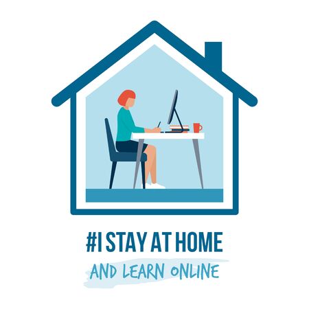 I stay at home awareness social media campaign and coronavirus prevention: woman working with her computer and learning onlineのイラスト素材