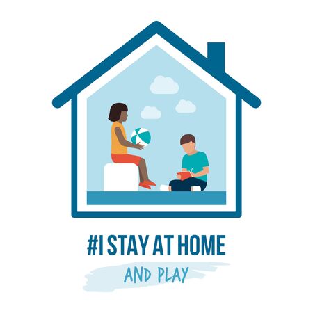 I stay at home awareness social media campaign and coronavirus prevention: kids playing togetherのイラスト素材
