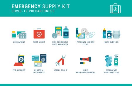 Coronavirus Covid-19 preparedness: emergency supply kit with essential items to keep at homeのイラスト素材
