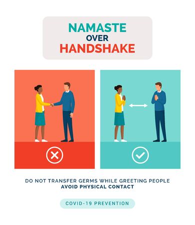 How to greet safely without touching the other person and prevent spreading of germs: namaste greeting over handshakeのイラスト素材