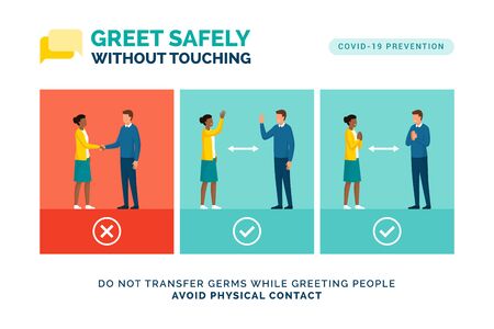 Alternative safe greetings to avoid physical contact and to practice social distancing: coronavirus covid-19 preventionのイラスト素材