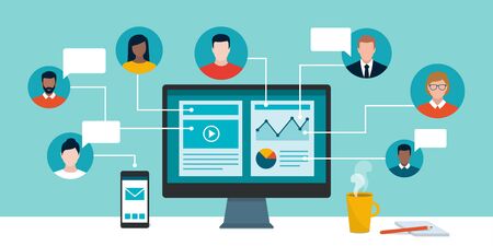 Professional business people and freelancers connecting together online and working on the same project, they are sharing and editing the same file, remote working conceptのイラスト素材