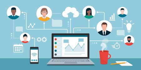 People with different skills connecting together online and working on the same project, remote working and freelancing conceptのイラスト素材