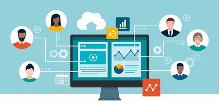 Professional business people and freelancers connecting together online and working on the same project, they are sharing and editing the same file, remote working conceptのイラスト素材