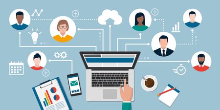 People with different skills connecting together online and working on the same project, remote working and freelancing conceptのイラスト素材