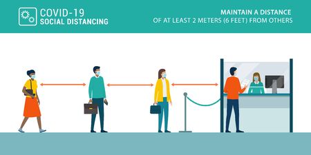 Social distancing and coronavirus covid-19 prevention: maintain a safe distance from others in public offices and banksのイラスト素材