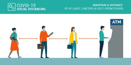 Social distancing and coronavirus covid-19 prevention: maintain a safe distance from others when using ATM and self service machinesのイラスト素材