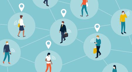 Tracking people's location and coronavirus outbreak: crowd of people keeping a safe distance and being located by a tracker appのイラスト素材